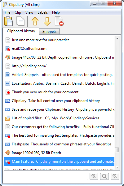 Clipdiary clipboard history viewer window. You can use it to copy or paste any saved clipboard data