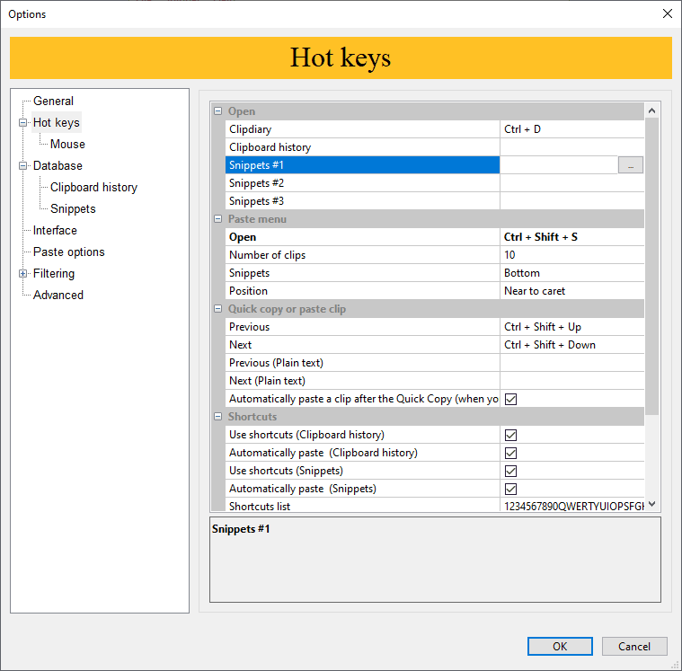 Clipdiary Options - Hot keys